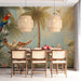 A creative dining room decorated with an exotic tropical bird and palm tree mural.
