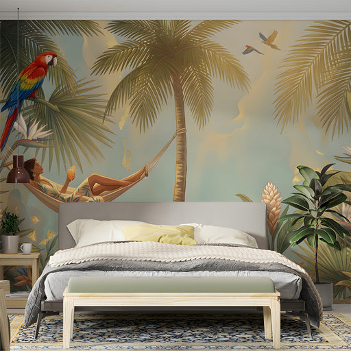 A relaxing bedroom with a tropical mural wall, rattan furniture, and neutral bedding.