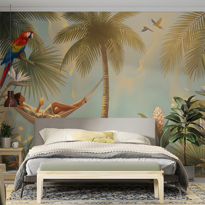 A relaxing bedroom with a tropical mural wall, rattan furniture, and neutral bedding.