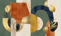 Abstract wallpaper featuring geometric shapes in terracotta, navy, ochre, and forest green with gold foil accents.