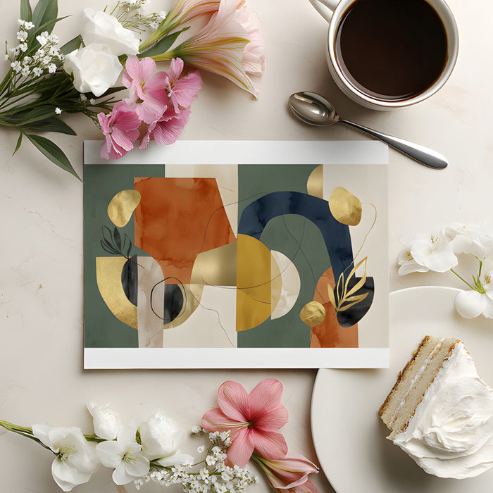 Contemporary dining room wall mural with organic shapes and gold metallic brushstrokes.