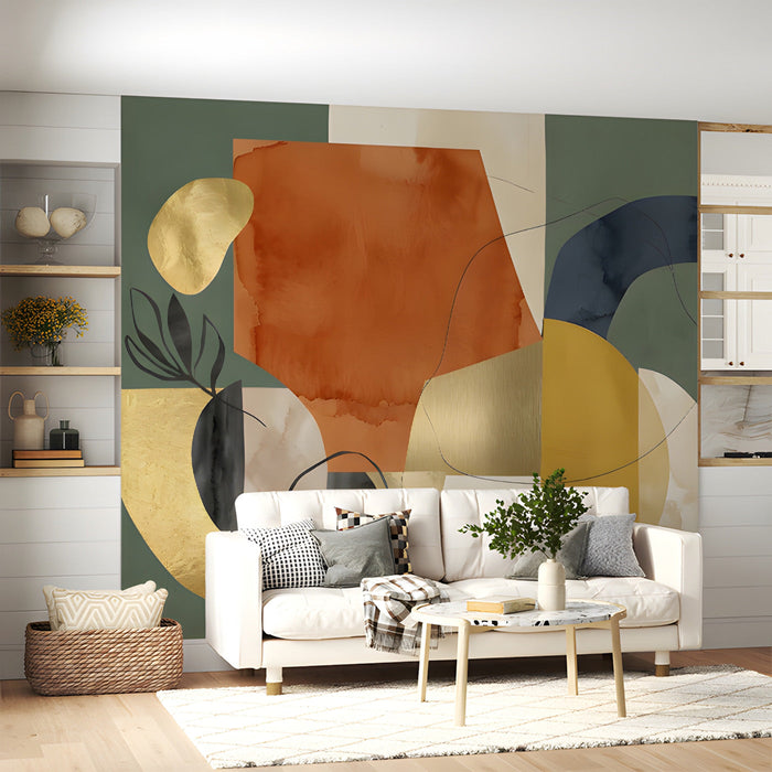 Modern living room wall featuring abstract geometric mural with warm earthy tones and gold details.