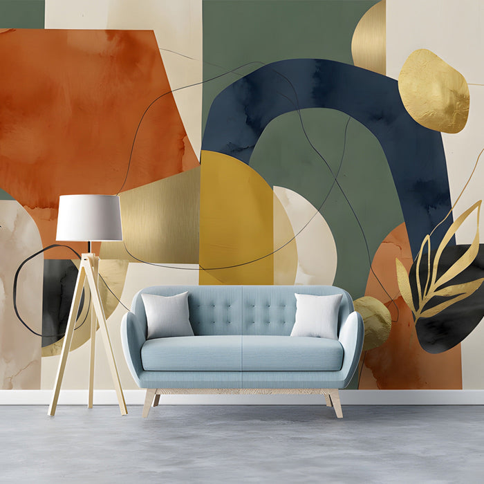 Sophisticated home office space with abstract navy and terracotta geometric wallpaper.