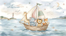 Watercolor mural of a wooden boat with a giraffe, elephant, lion, and fox sailing on soft blue ocean waves with a lighthouse.