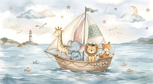 Watercolor mural of a wooden boat with a giraffe, elephant, lion, and fox sailing on soft blue ocean waves with a lighthouse.