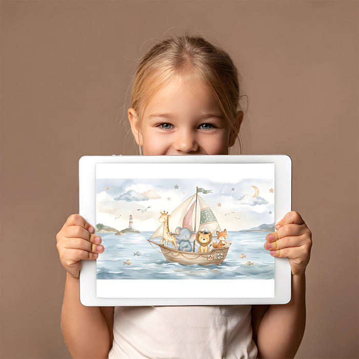 A bright playroom with a nautical animal boat wallpaper, wooden toy bins, and natural light streaming through the windows.