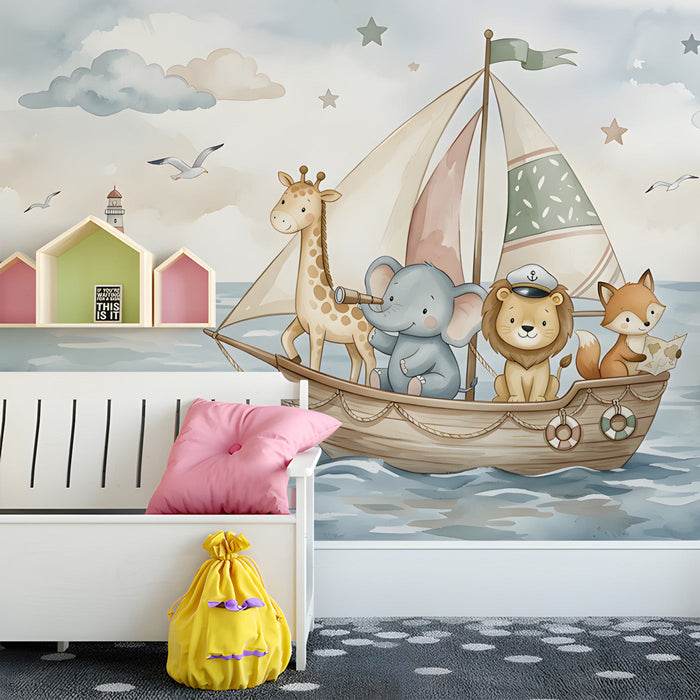 A tranquil playroom space with a soft blue sea and animal boat mural, styled with light wood furniture and cream textiles.
