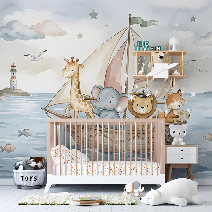 A cozy nursery featuring a watercolor animal sailor mural on the wall behind a wooden crib with soft neutral bedding.