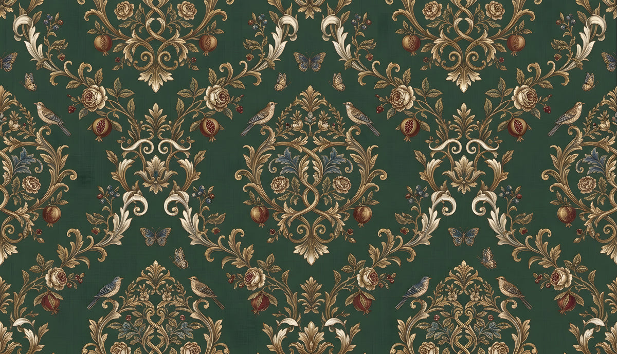 Vintage damask botanical wallpaper with gold acanthus, roses, pomegranates, and small birds on a deep forest green background
