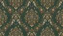 Vintage damask botanical wallpaper with gold acanthus, roses, pomegranates, and small birds on a deep forest green background