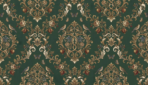Vintage damask botanical wallpaper with gold acanthus, roses, pomegranates, and small birds on a deep forest green background
