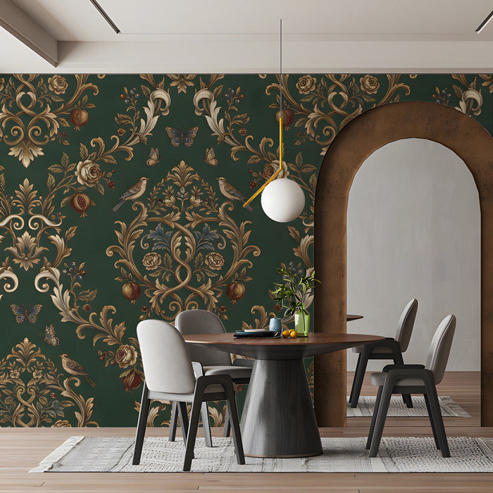 Cozy dining room featuring an ornate, nature-inspired damask wall mural in deep green