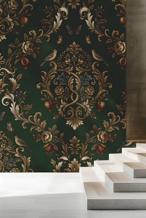 Sophisticated library featuring a dark green botanical damask mural wallpaper behind vintage bookshelves