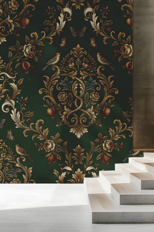 Sophisticated library featuring a dark green botanical damask mural wallpaper behind vintage bookshelves