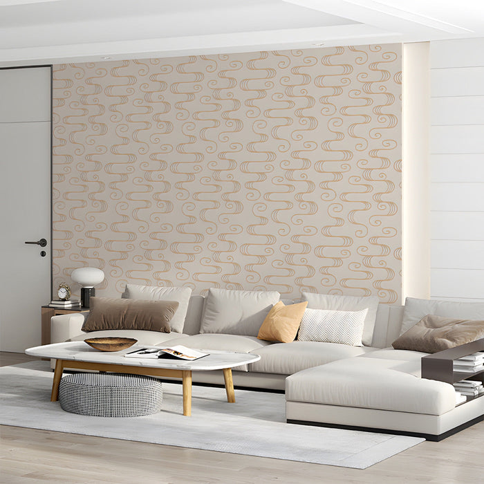 Minimalist beige wavy mural installed in a serene modern living room