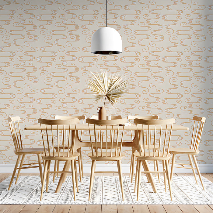 Soft ripple line art wallpaper creating a peaceful dining room backdrop