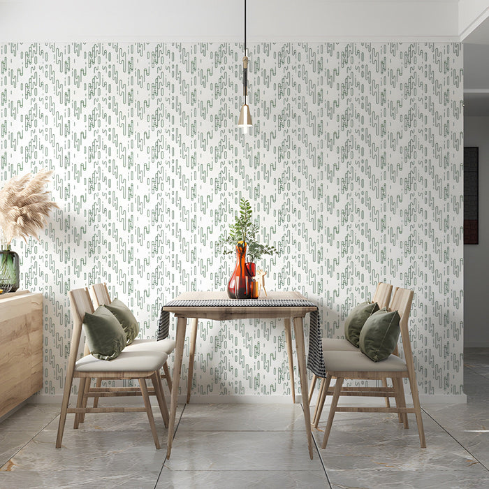 Contemporary kitchen breakfast nook with subtle geometric sage green and white wallpaper on the side wall