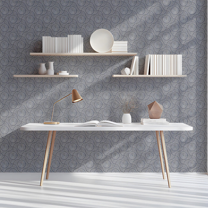 Contemporary study with a sophisticated gray circular pattern mural and neutral furniture