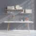 Contemporary study with a sophisticated gray circular pattern mural and neutral furniture