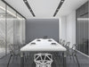 Modern office with grey geometric circle wallpaper on the accent wall behind a wooden desk