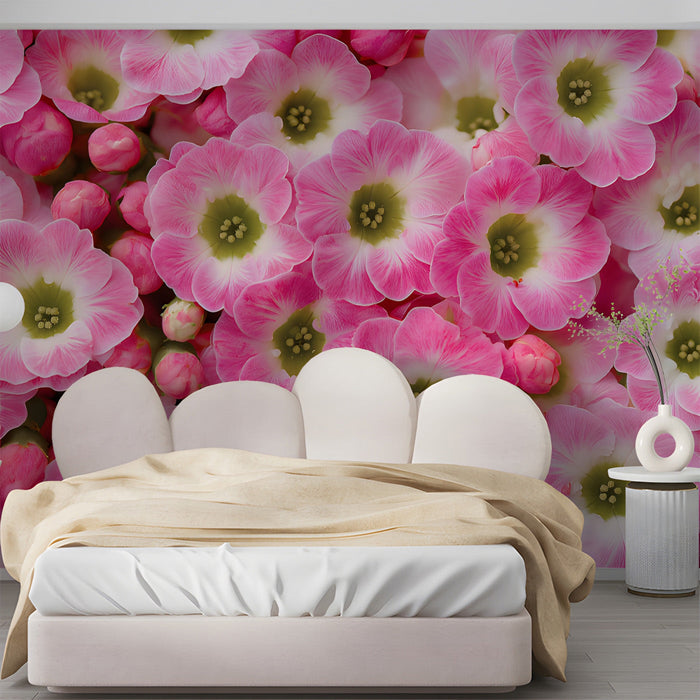 Sun-drenched girl's room wall decor with a delicate macro pink blossom design.