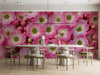 Floral meeting room wallpaper in a bright room with minimalist white bedding.