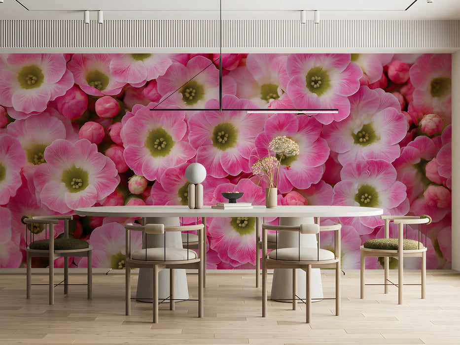 Floral meeting room wallpaper in a bright room with minimalist white bedding.