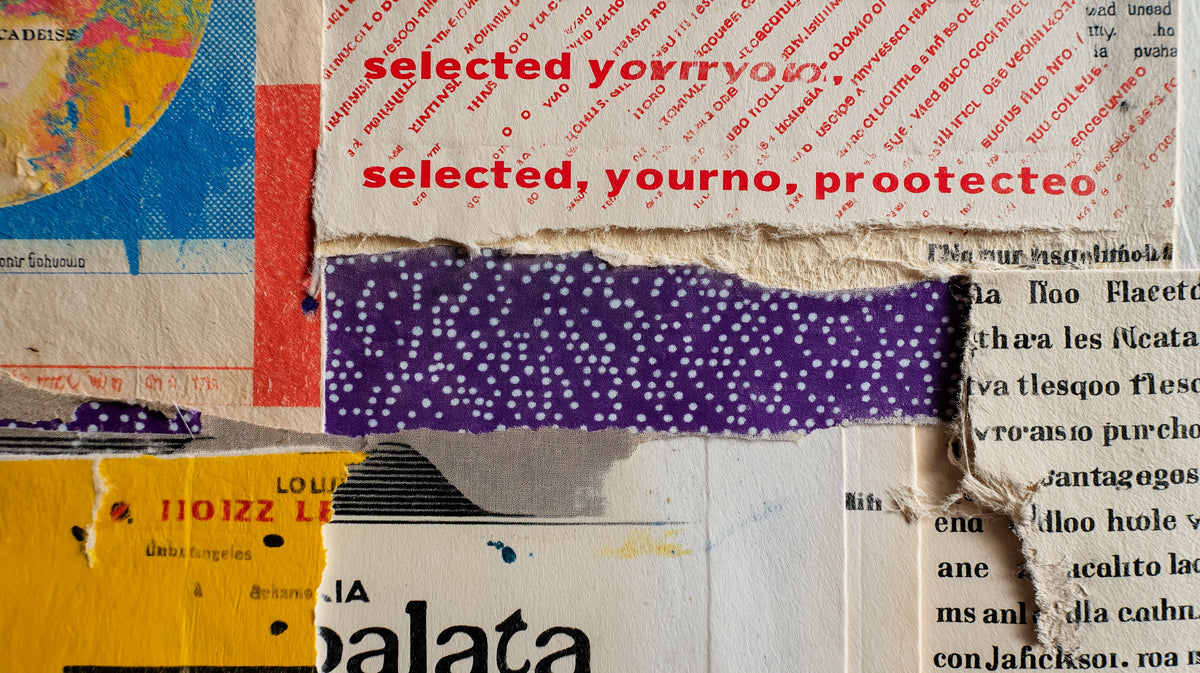 Abstract wallpaper design featuring torn paper layers, vintage typography, and vibrant yellow, purple, and blue color blocks.