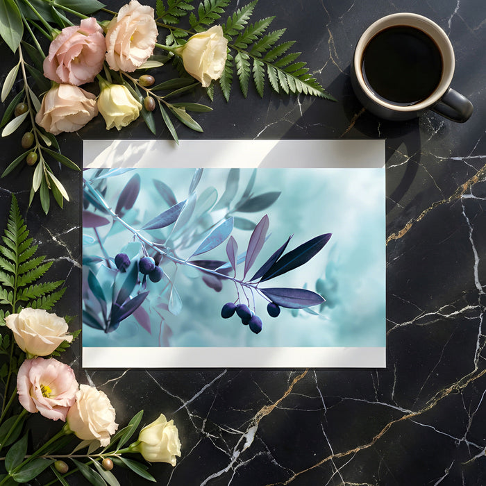 Calming bedroom wall mural with dreamy blue and purple botanical olive leaf pattern