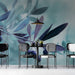 Bright cafe space with airy olive branch botanical wallpaper design