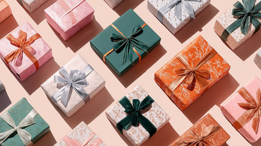 A pattern of gift boxes in forest green, burnt orange, and blush pink with fine botanical line art and ribbon bows