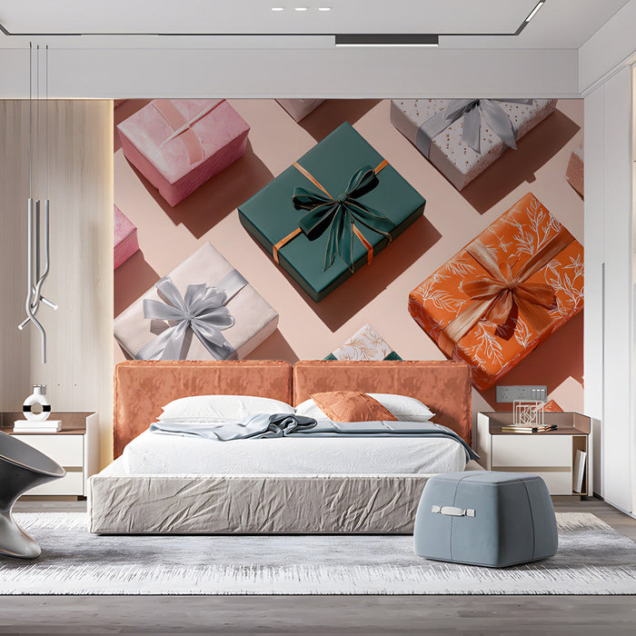 A vibrant bedroom design with a fun and festive gift box wall mural