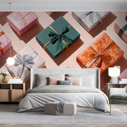 A festive bedroom featuring a playful gift box wall mural as a cheerful background