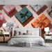 A festive bedroom featuring a playful gift box wall mural as a cheerful background