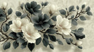 Large-scale magnolia floral pattern with slate gray leaves and cream flowers on a muted beige backdrop