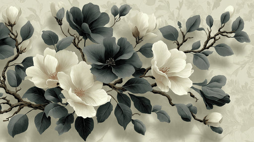 Large-scale magnolia floral pattern with slate gray leaves and cream flowers on a muted beige backdrop