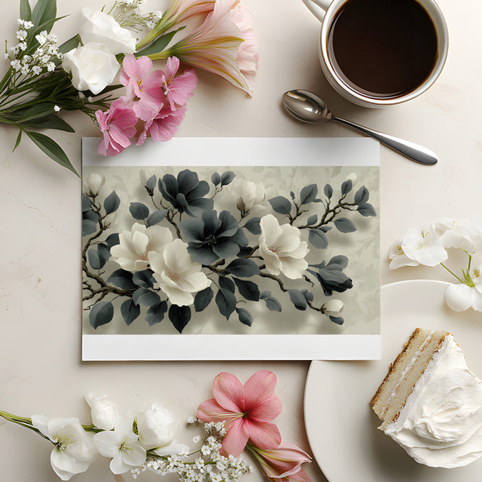 Sophisticated botanical mural in a home office space behind a clean wooden desk
