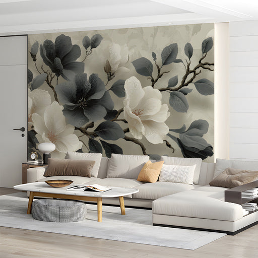 Monochrome floral wallpaper installed in a bright modern living room with minimalist furniture