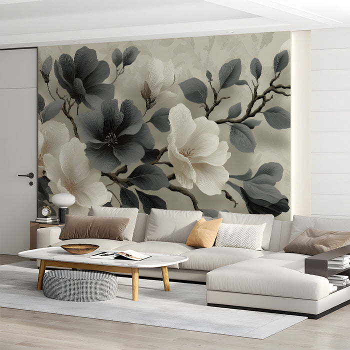 Monochrome floral wallpaper installed in a bright modern living room with minimalist furniture