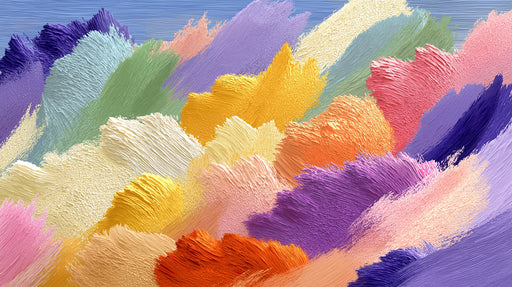 Abstract wallpaper design with thick, textured oil paint brushstrokes in rainbow colors on a blue background