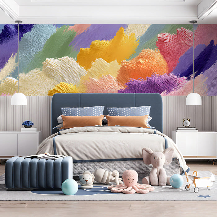 Bright bedroom with a bold, artistic abstract wallpaper mural as a feature wall