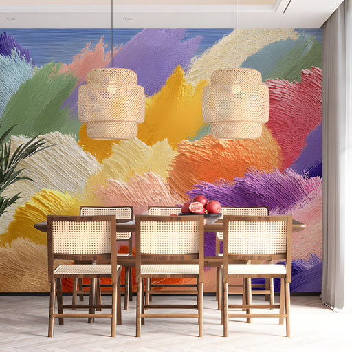Modern dining room featuring a vibrant, multi-colored abstract brushstroke wall mural