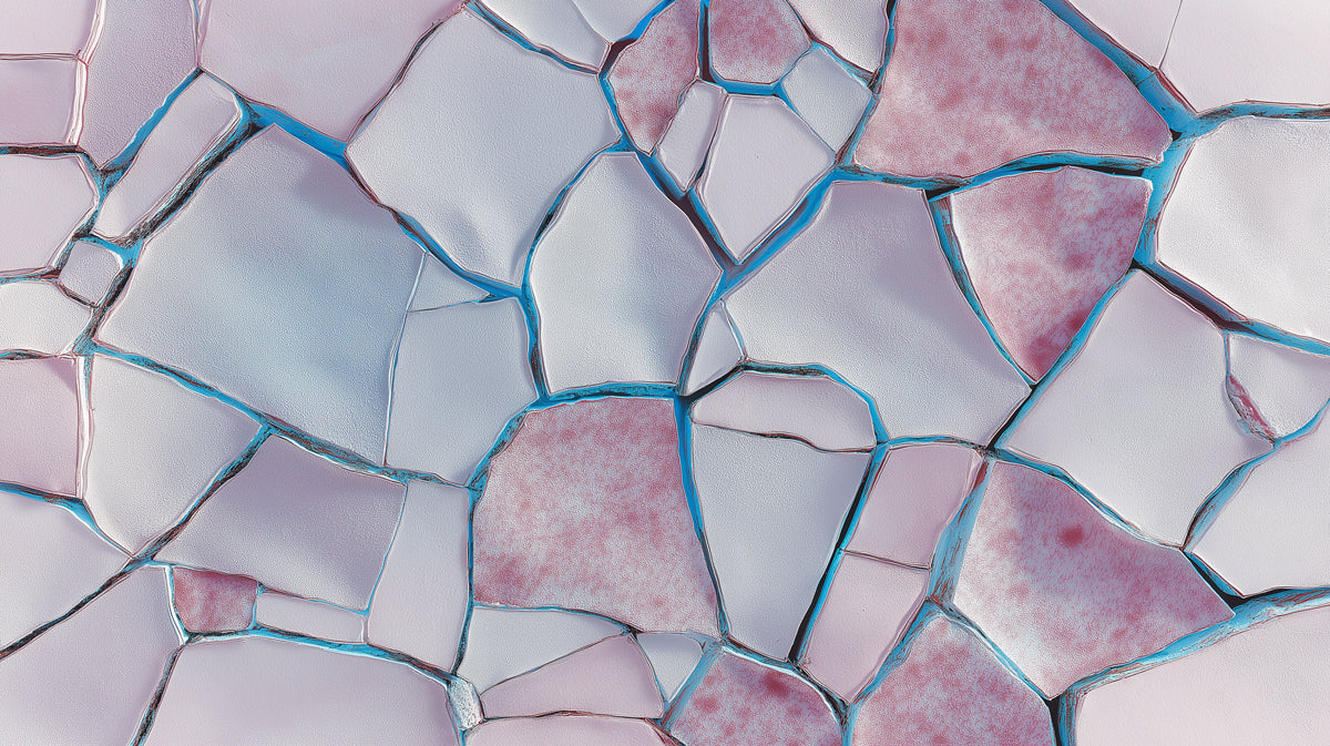 Geometric wallpaper pattern with pale rose and lilac porcelain shards separated by bright blue electric fissures