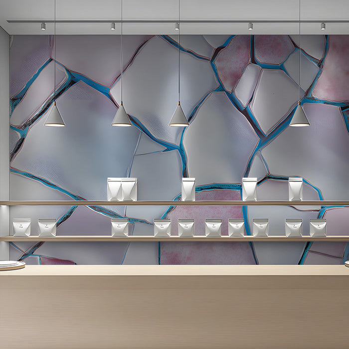 Shop featuring an artistic fractured geometric wall mural behind a minimalist shopping frame