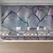 Shop featuring an artistic fractured geometric wall mural behind a minimalist shopping frame