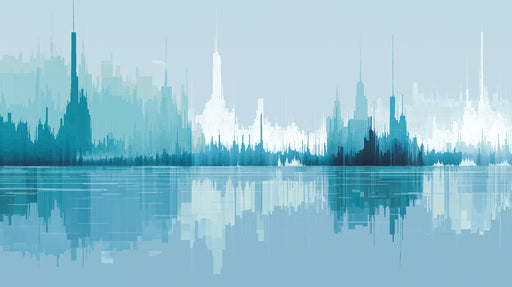 Abstract blue and white digital city skyline mural with water reflection