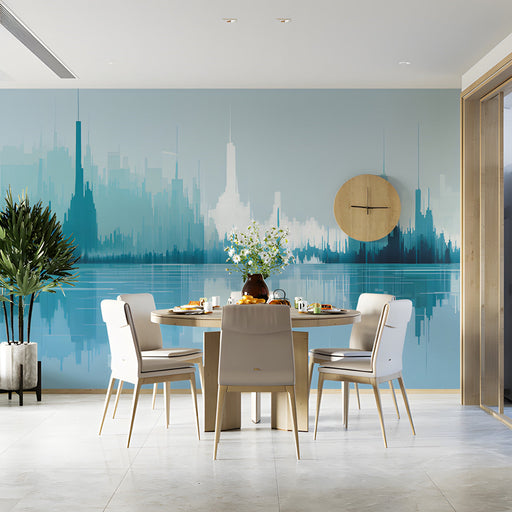 Contemporary dining room featuring calm blue city horizon wallpaper