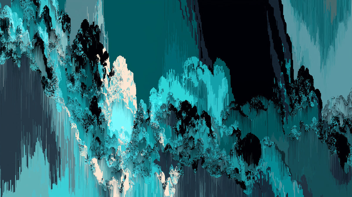 Abstract digital glitch art wallpaper with vertical lines in deep teal, charcoal, and cyan