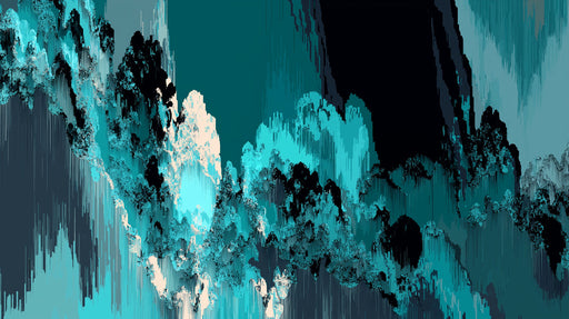 Abstract digital glitch art wallpaper with vertical lines in deep teal, charcoal, and cyan