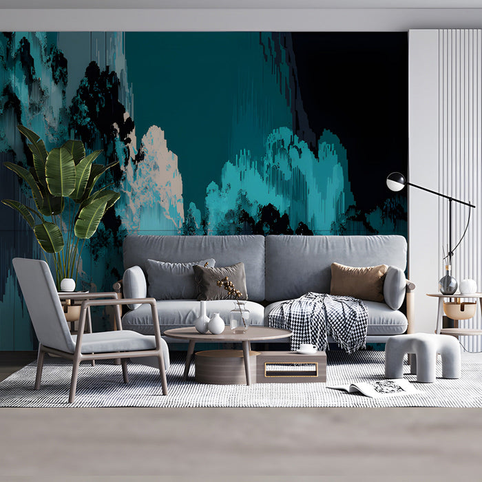 Contemporary commercial lounge area with a dark teal and cyan abstract mural